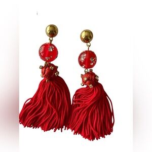 JCrew red crystal beaded tassel earrings.